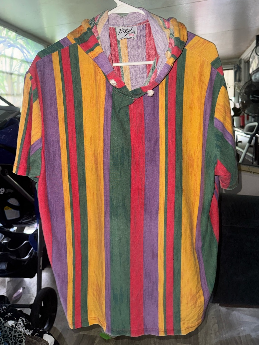 VTG 90s Vertical Stripe Short Sleeve Hoodie Boxy Men's XL Forever Young unisex